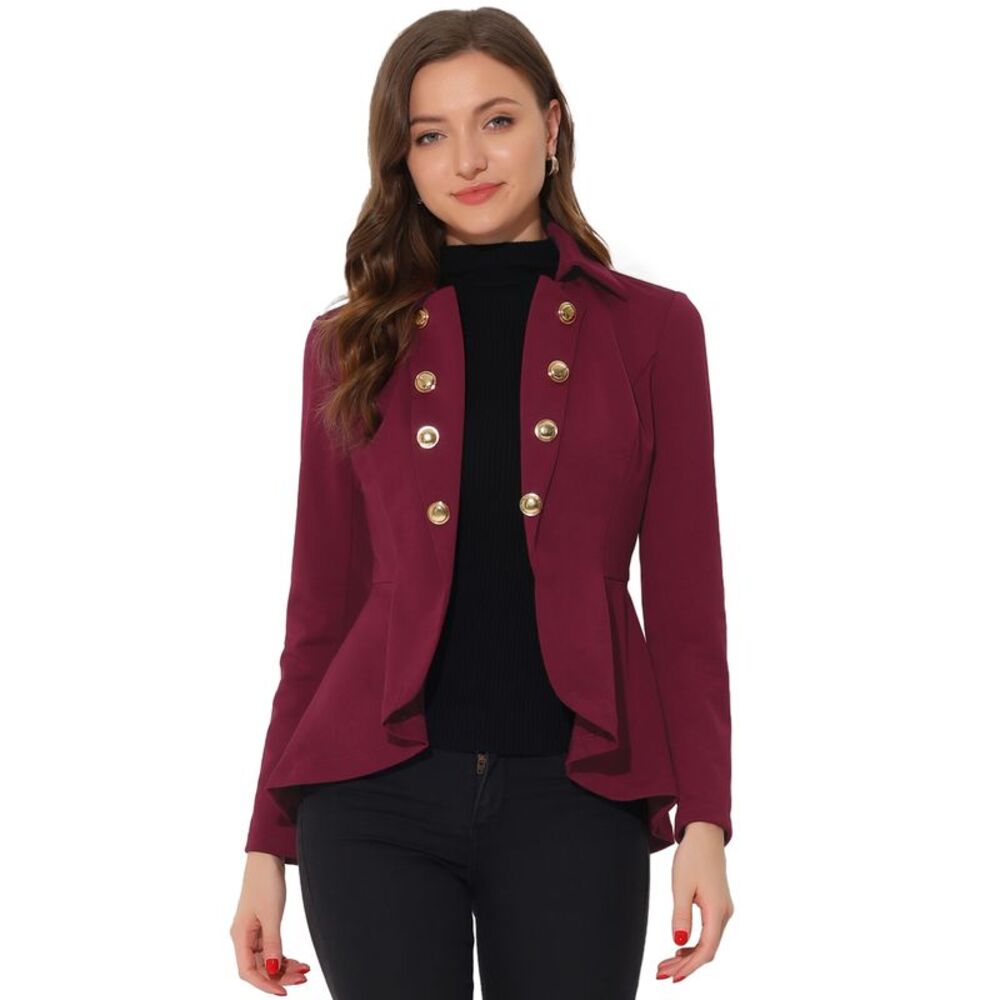 Jacket Steampunk High Low Hem Open Front Long Sleeves Peplum Blazer Burgundy